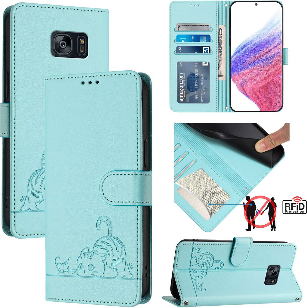 Leder Hülle für Samsung Galaxy S7 Edge Süße Katze Flip Case Brieftasche Schutzhülle mit Standfunktion hellgrün