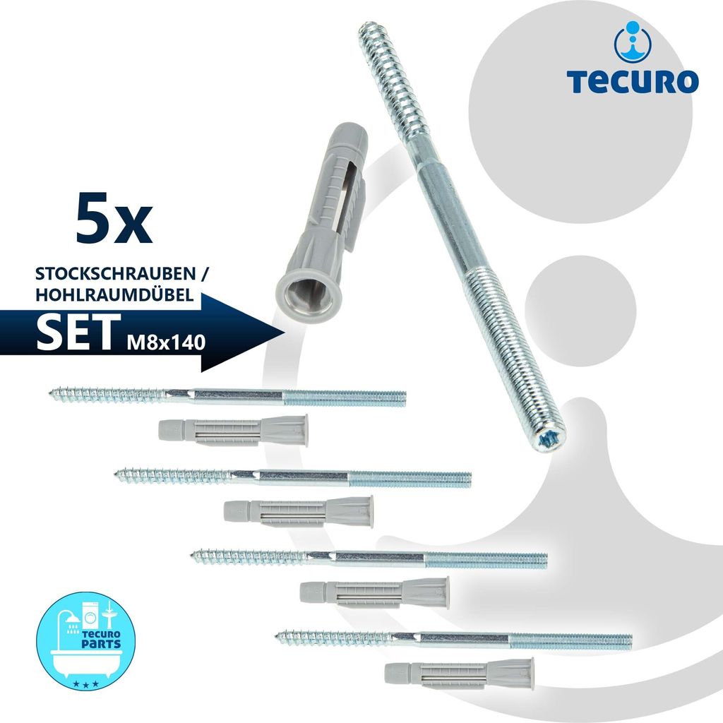 tecuro Stockschraube M 8 x 140mm, Stahl verz. mit Dübel 10,0 x 60mm - VPE 5 Stück