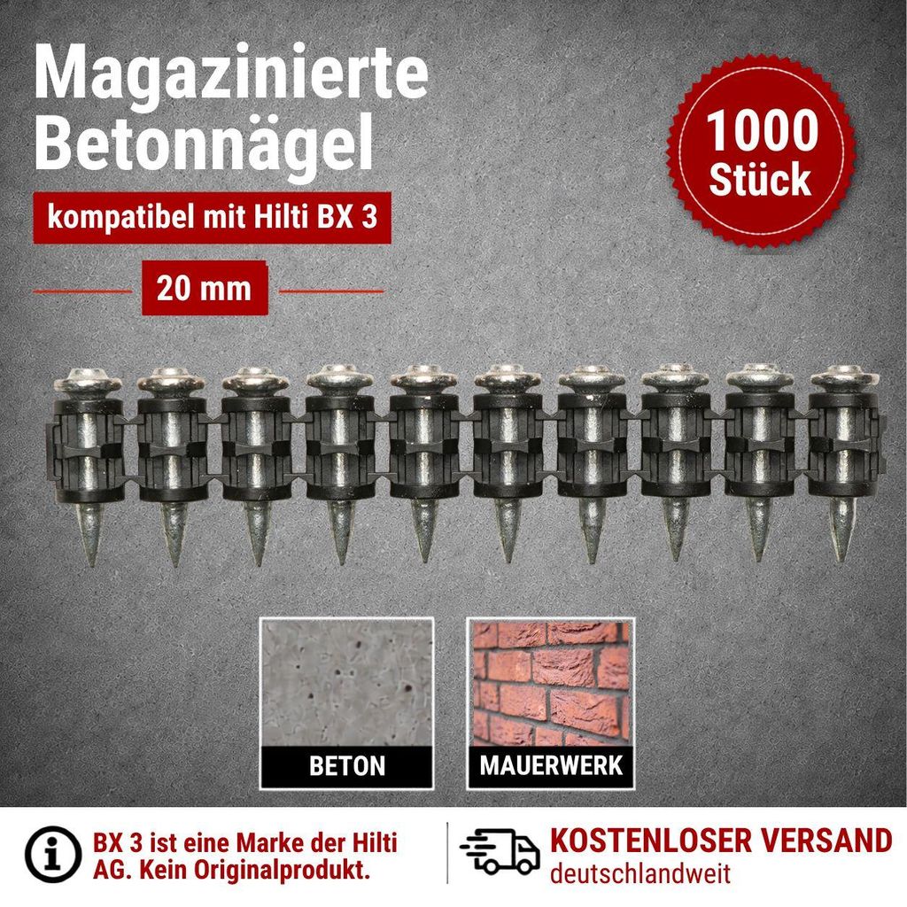 Betonnägel 20 mm – 1000 Stück kompatibel mit Hilti BX 3 – Produktbild 