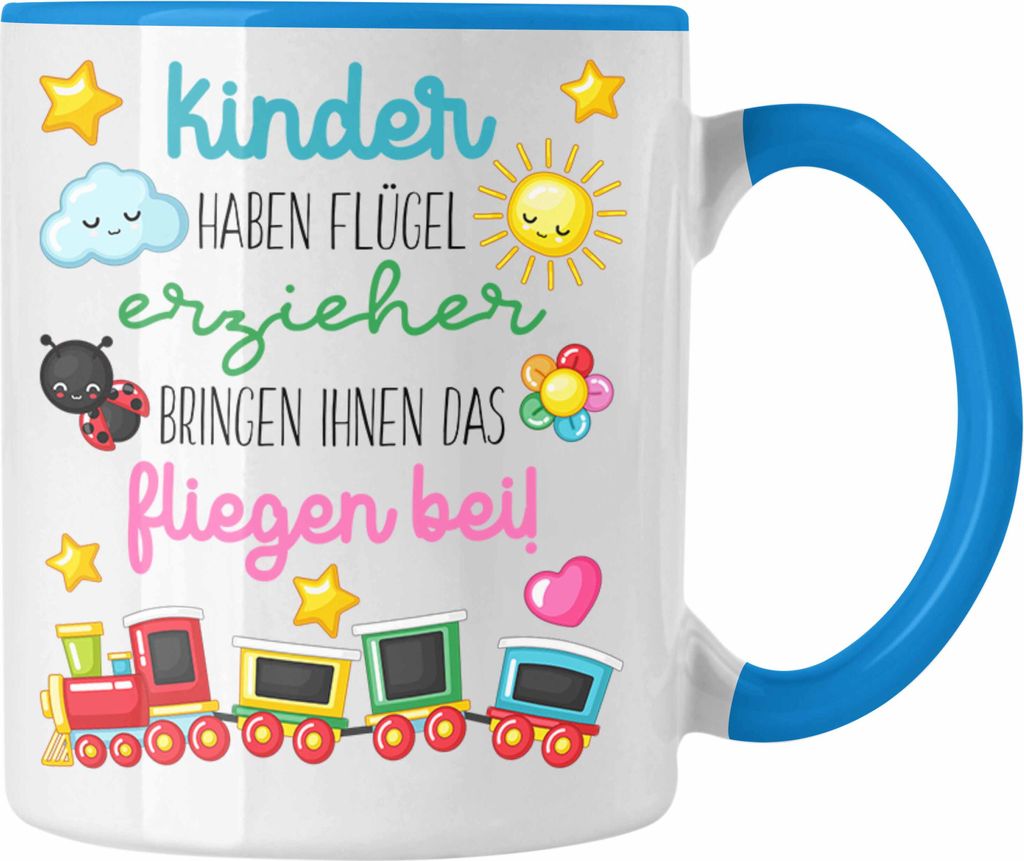Trendation - Erzieherin Tasse Geschenk Danke Dankeschön Abschiedsgeschenk Beste Kindergärtnerin Spruch Flügel (Blau)