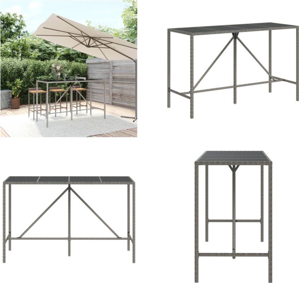 vidaXL Bartisch mit Glasplatte Grau 180x70x110 cm Poly Rattan - Bartisch Mit Glasplatte - Bartische Mit Glasplatten - Partytisch - Bistrotisch