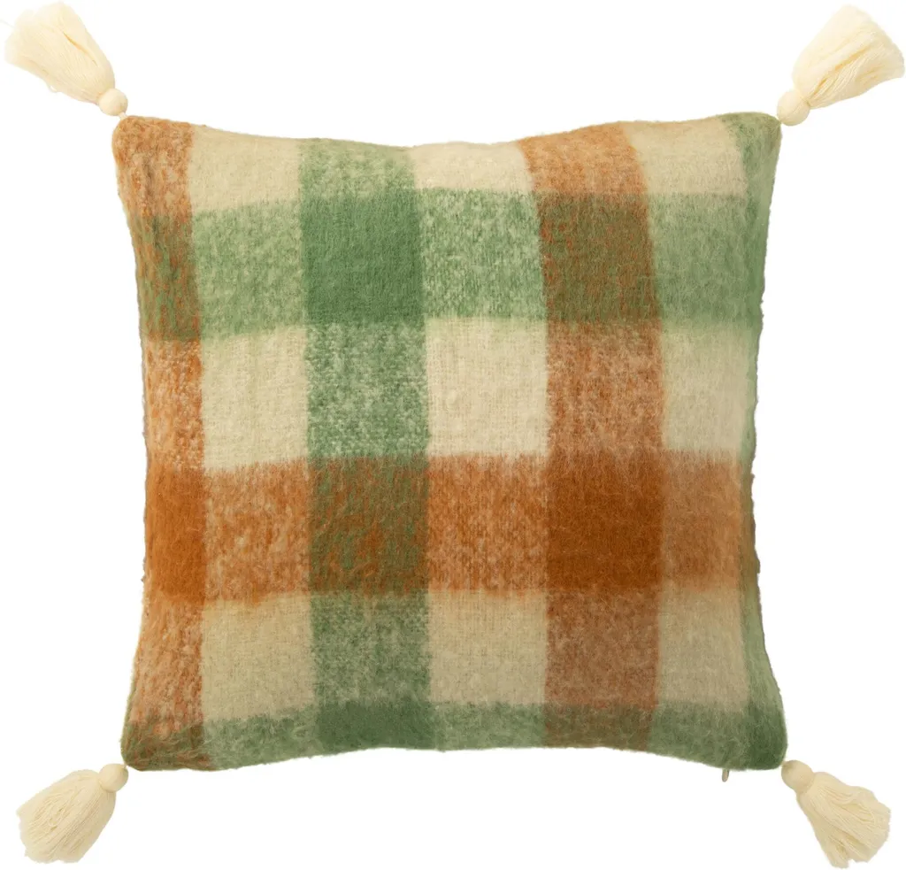 Coussin en acrylique doux à franges carreaux blanc vert brun J-Line