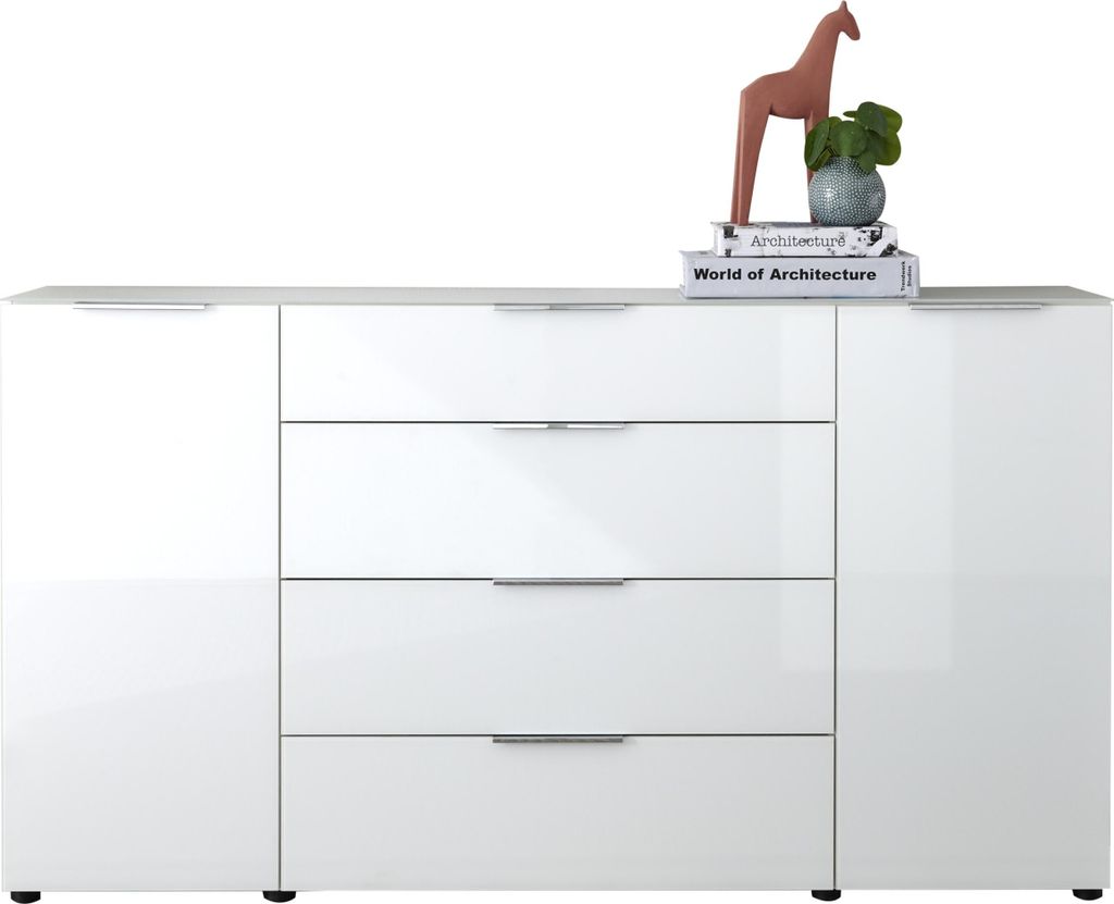 Sideboard - 180 x 99 cm - 2 Türen - 4 Schubladen - Weißglas - Weiß matt