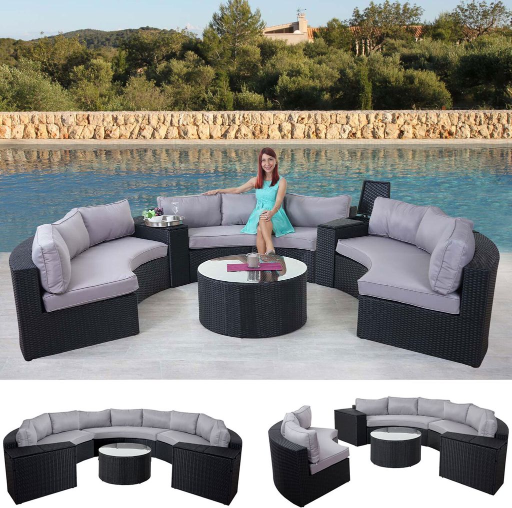 Luxus Poly-Rattan-Garnitur Savoie, Sitzgruppe Lounge-Set, XXL Sofa rund, anthrazit Kissen grau