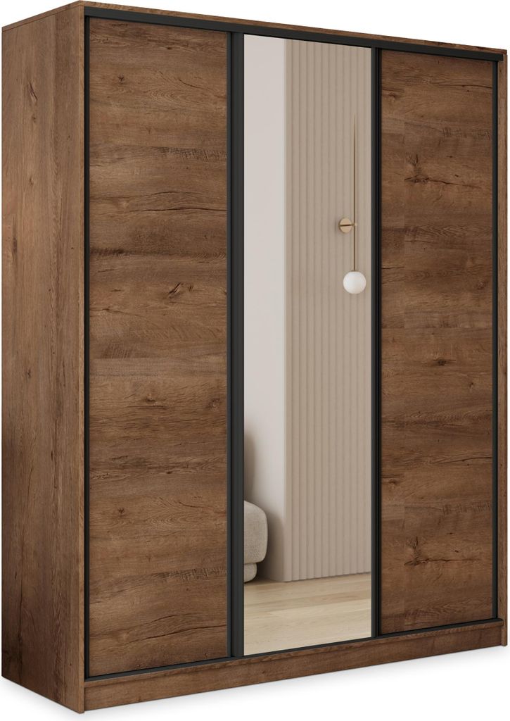 Masseno Schiebetürenschrank TARI 150/205/58 cm Kleiderschrank mit 4 Schubladen Schlafzimmer Schrank 3-türig mit Spiegel Eiche Lefkas