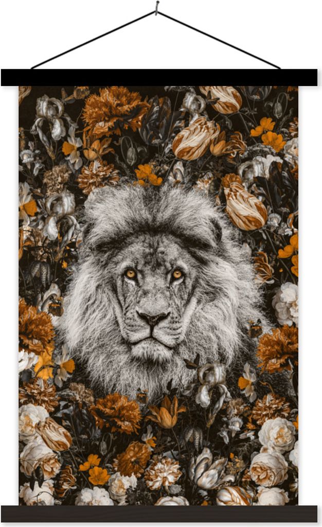 MuchoWow Textilposter Löwe - Flora - Farbe 120x180 cm mit schwarzem Rahmen - Fotos