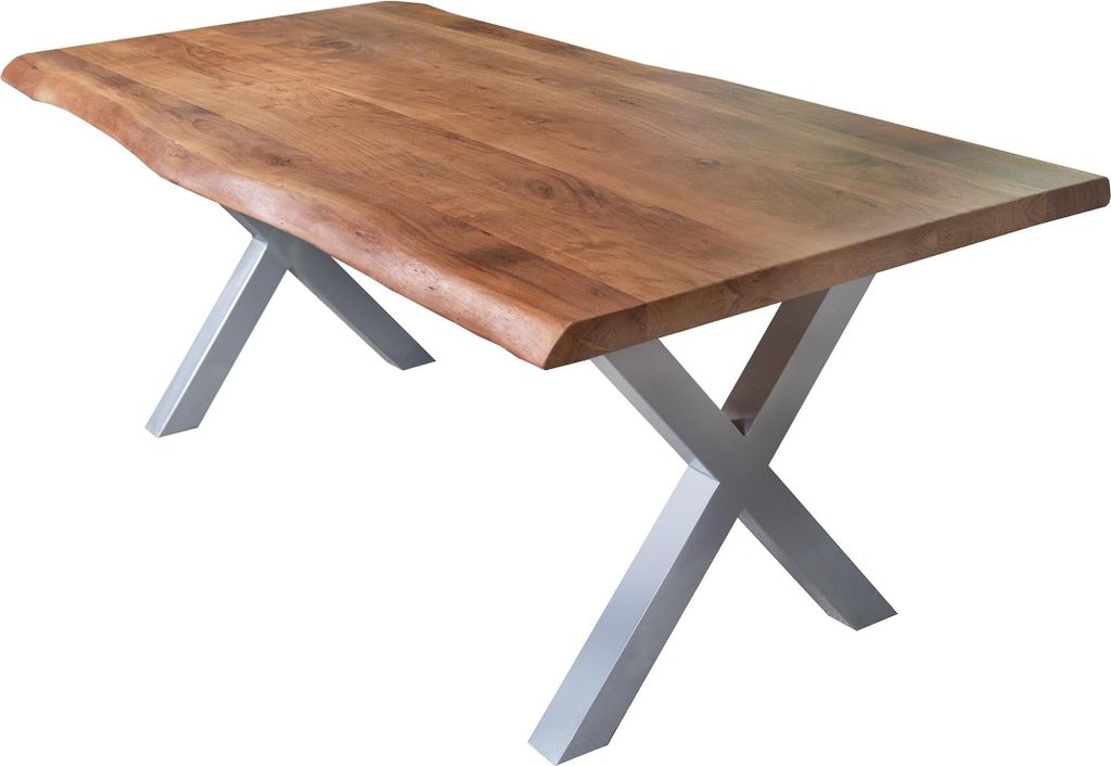 Esstisch 240 x 110 cm Cali, Baumkantentisch nussbaumfarben, Akazienholz massiv, X-Gestell aus Metall Silber