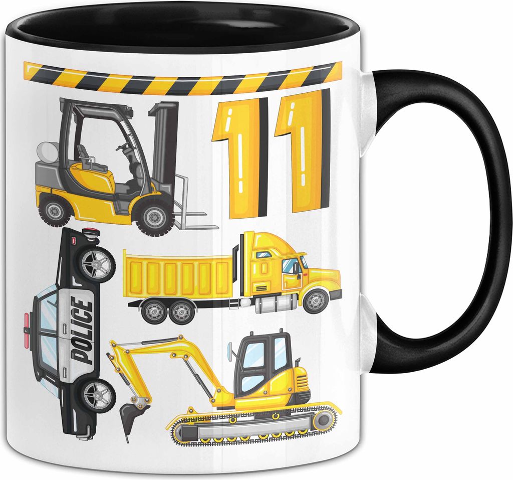 11. Geburtstag Geschenk Tasse Becher Jungen Jungs Baustelle Polizei Geburtstagsgeschenk 11 (Schwarz)