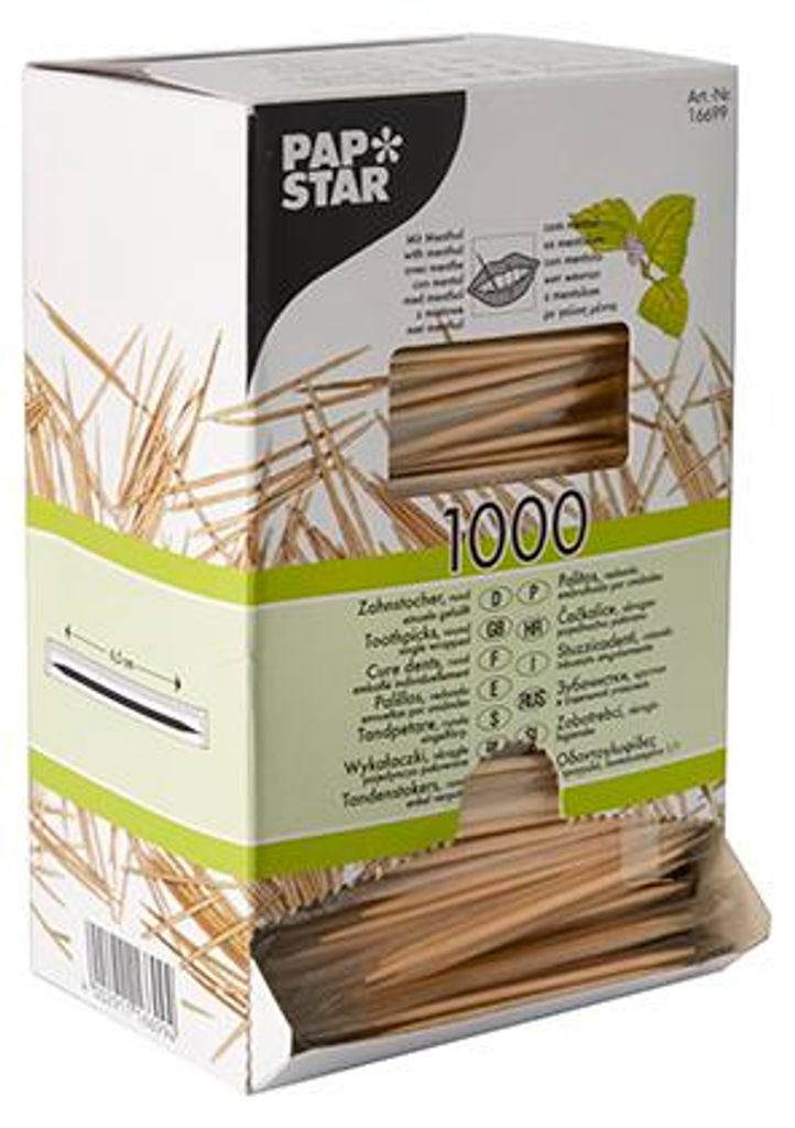 Papstar Holz-Zahnstocher mit Menthol 65mm 1000 Stück 16699 Zdjęcie produktu 