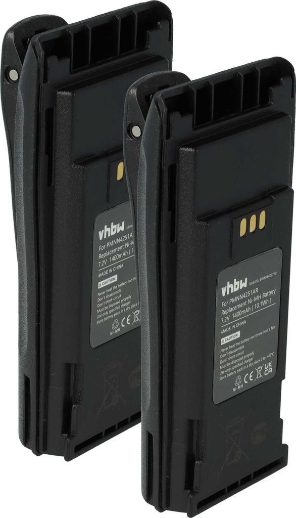 vhbw 2x Akku Ersatz für Motorola NNTN4851AC, NNTN4851A, NNTN4851, NNTN4497AR für Funkgerät, Walkie Talkie (1400 mAh, 7,2 V, NiMH) + Gürtelclip