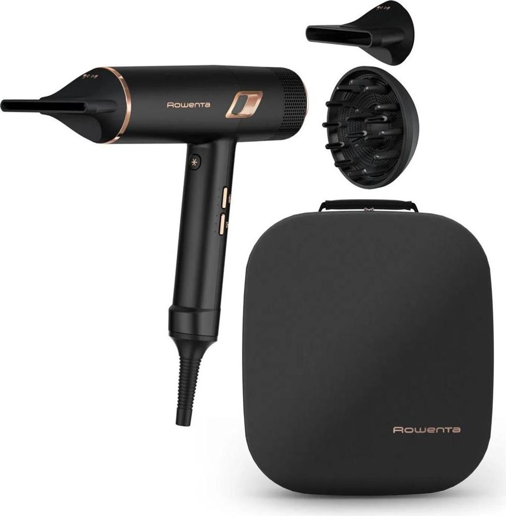 A black Rowenta hair dryer with gold accents, along with its accessories and storage case, is displayed against a white background.