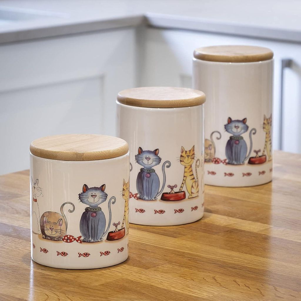 Keramische Vorratsbehälter mit Deckel - langlebig - Set von 3 - Katzenmotiv - new bone china