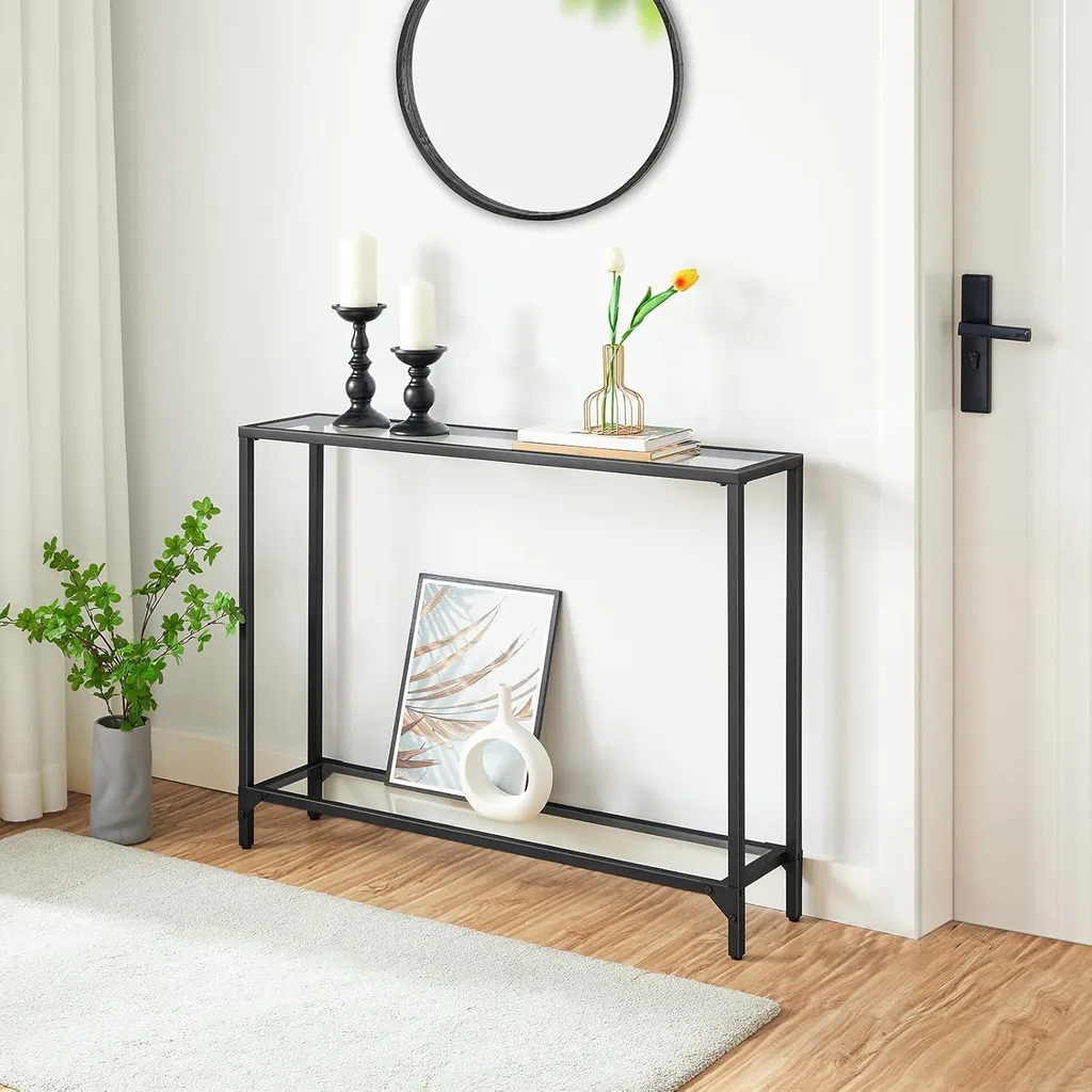 Hoobro Table Console 100 cm Noir Verre Trempé et Métal - Style Moderne - 2