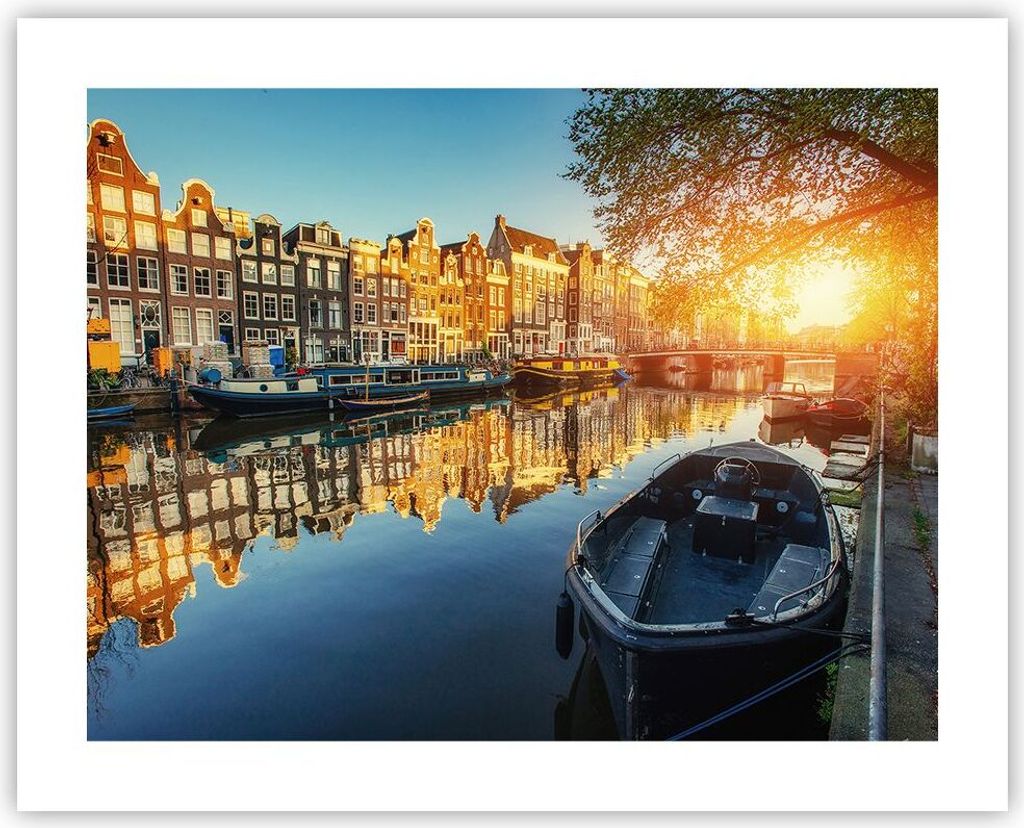 Poster - Poster ohne Rahmen - Kanal Boot Amsterdam Wasser - 50x40 cm - Wand Bild - Wanddeko - Wandbilder - Kunstposter - Wandposter - Bilder - Kuns...
