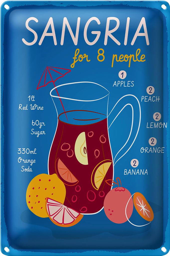 Blechschild Rezept Sangria Recipe for 8 people 18x12cm