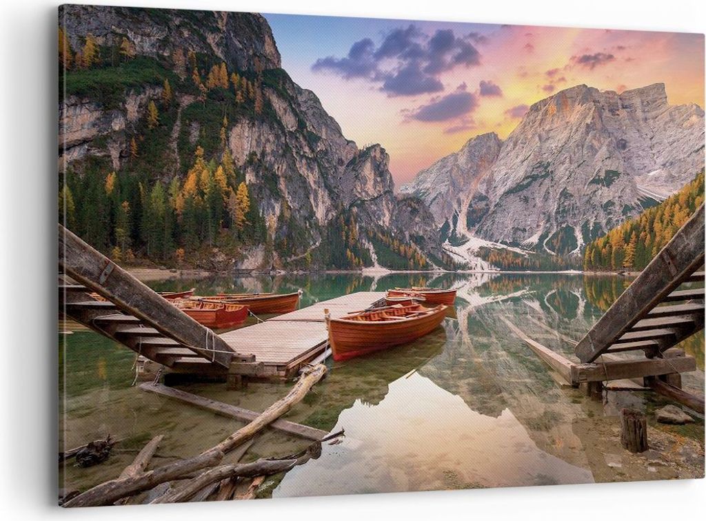 Bild auf Leinwand - Leinwandbild - Einteilig - Boote Berge See - 120x80cm - Wand Bild - Wanddeko - Wandbilder - Leinwanddruck - Bilder - Wanddekora...