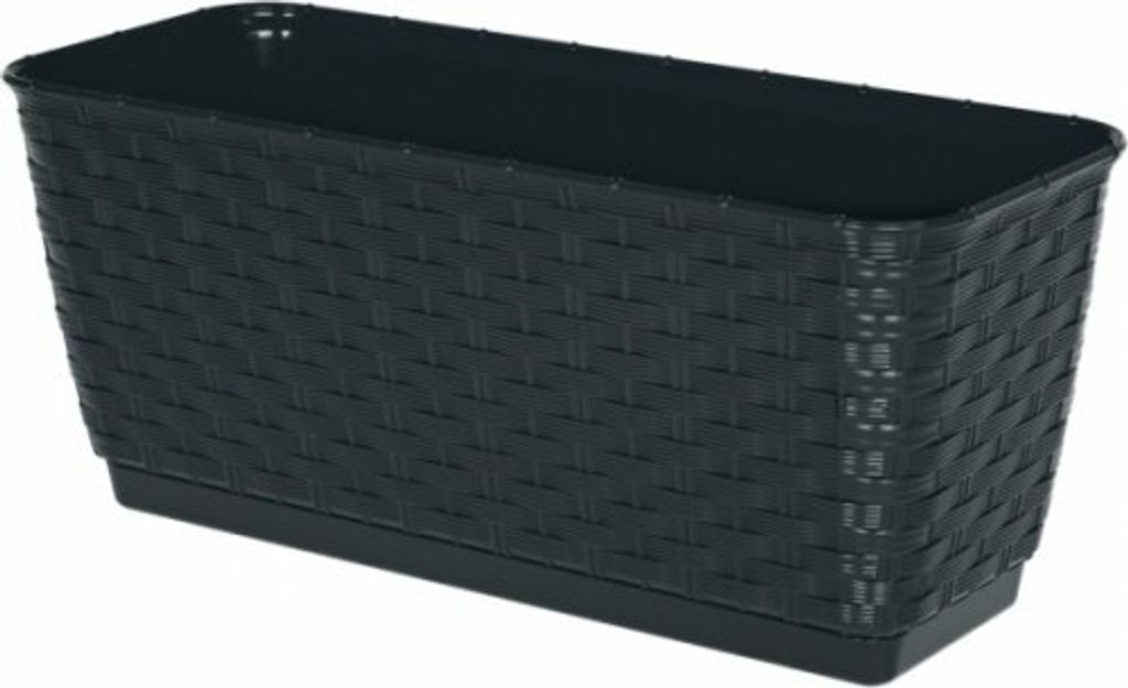A black rectangular planter with a woven texture sits on a matching saucer.