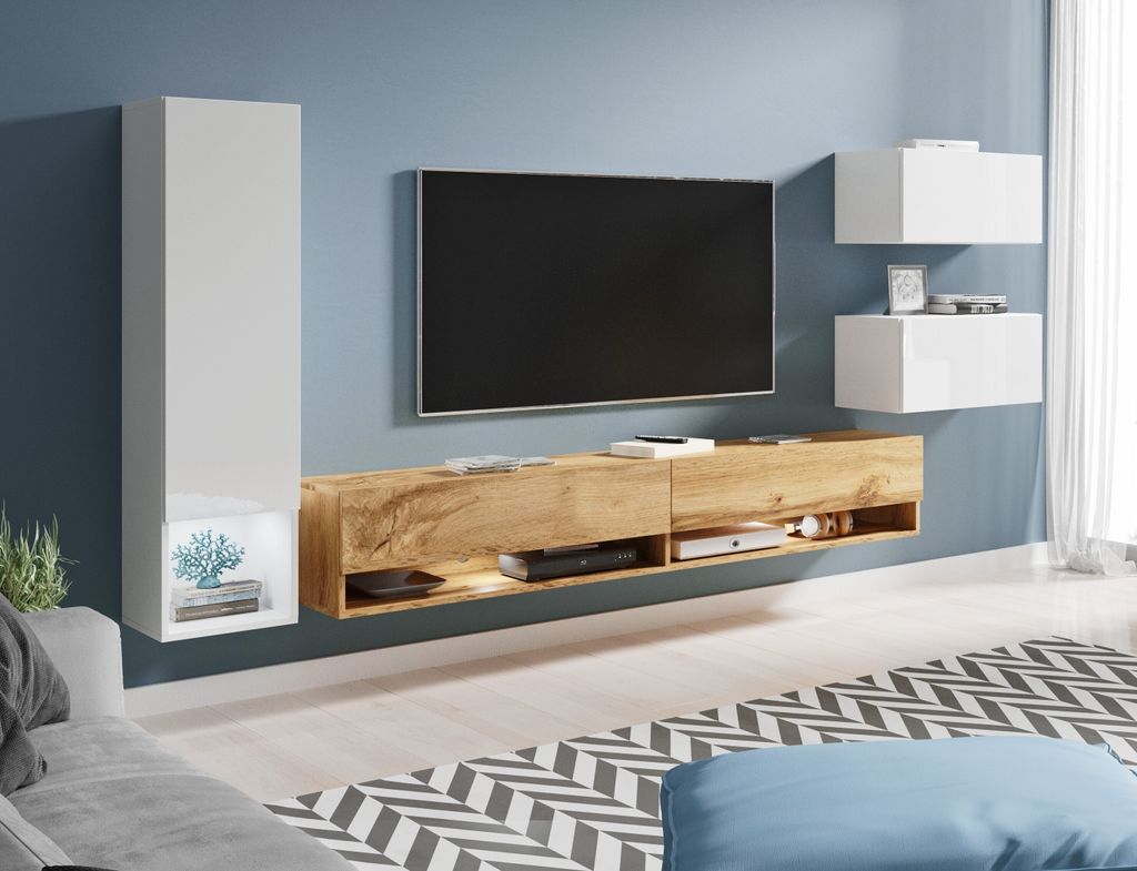 A modern living room with a wall-mounted entertainment unit and TV.