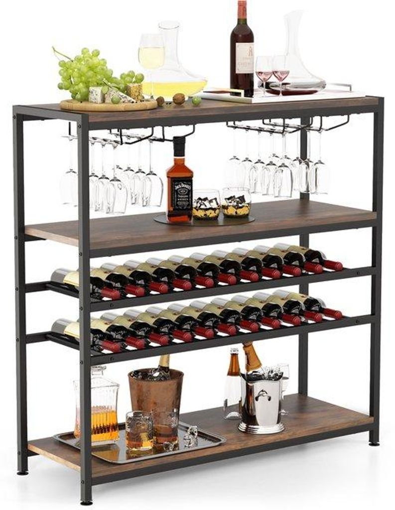 Wijnrek mit Glasvitrine und Holzplatten, freistehender Fassladen, Wohnzimmer- und Esszimmerwijnkast, rustikale braune Wäschekasten