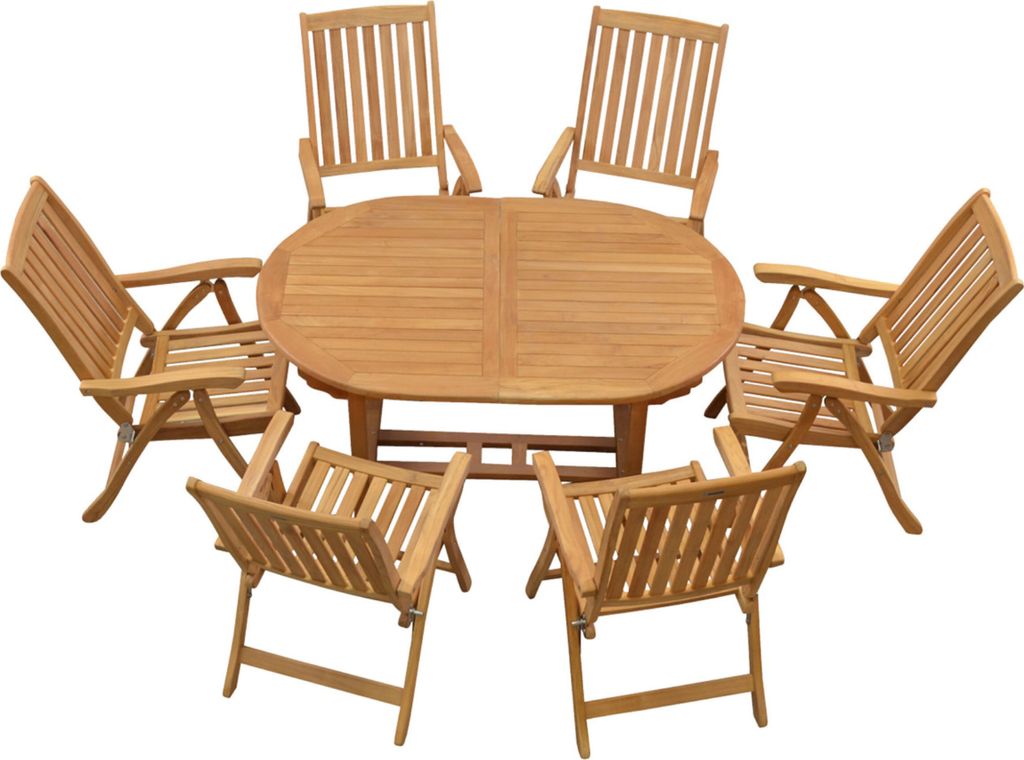 Teakholz Sitzgruppe aus 6 Hochlehnern und 1 ovalen Ausziehtisch edles Teak Gartenmöbel Set mit Auszugstisch