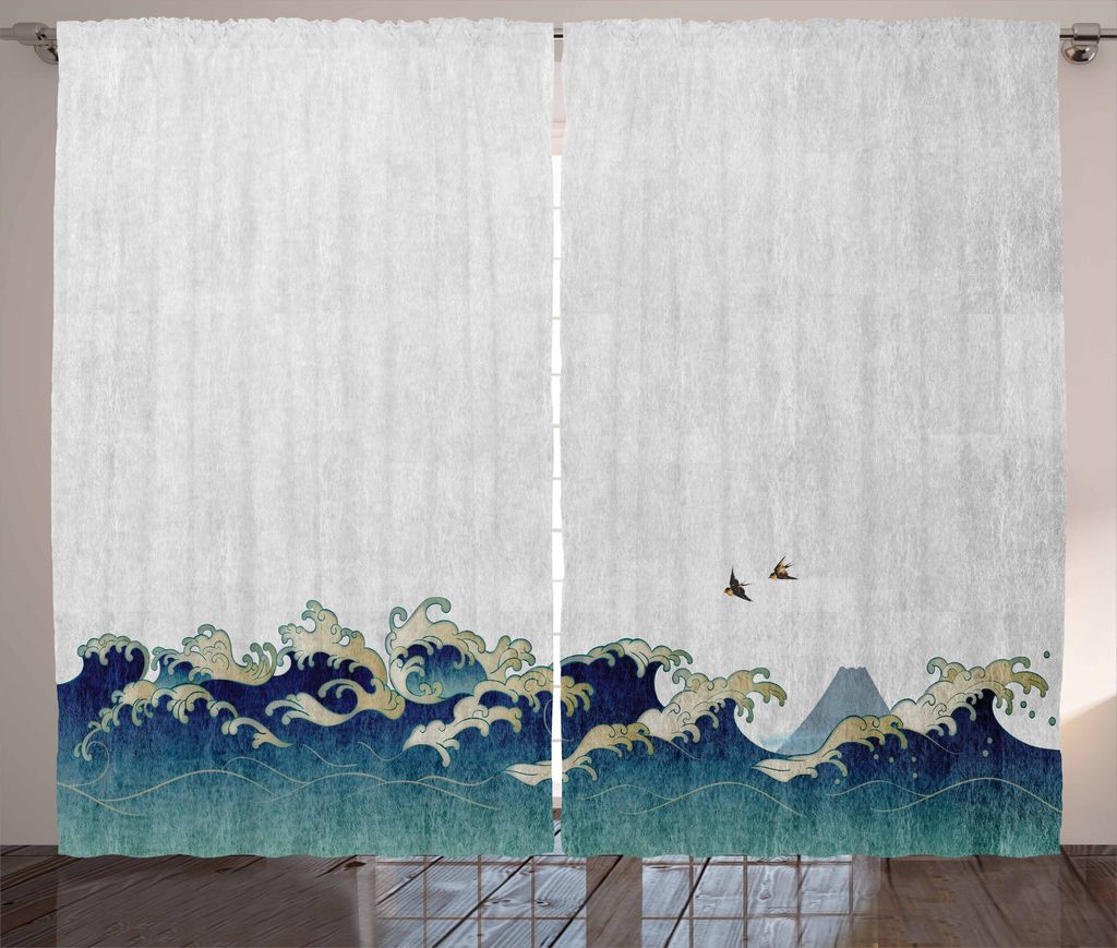 ABAKUHAUS japanische Welle Rustikaler Gardine, Wasserwirbel, Schlafzimmer Kräuselband Vorhang mit Schlaufen und Haken, 280 x 225 cm, Creme Grau Blau