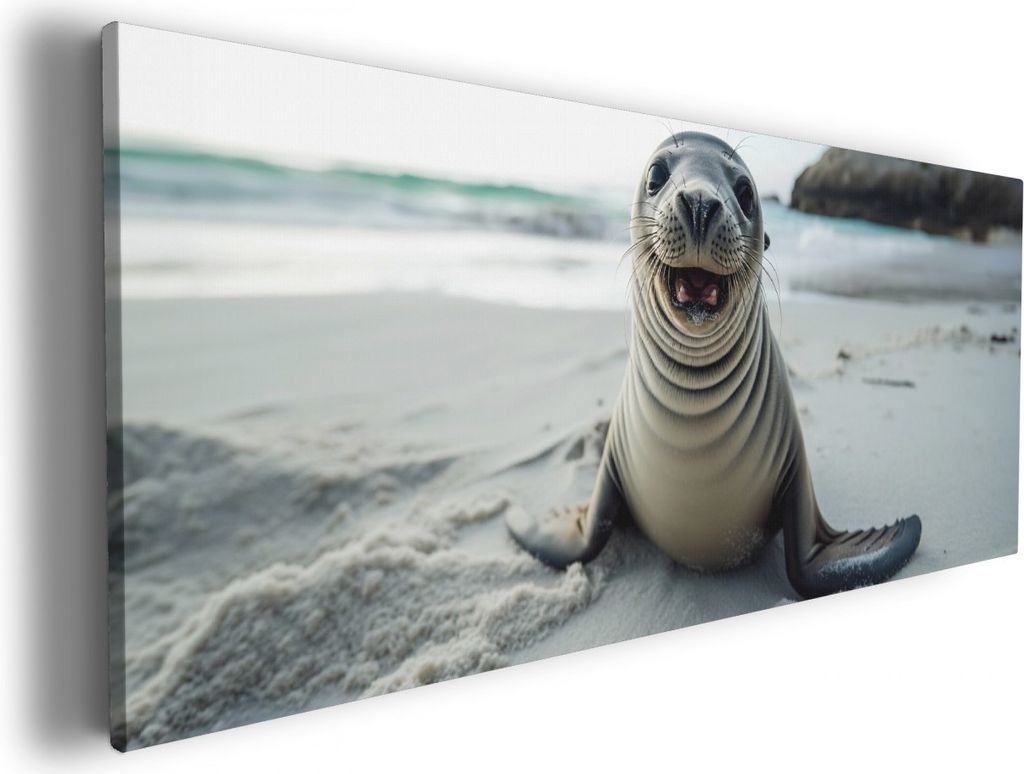 Wallario Premium Leinwandbild Robbe am Strand in Größe 50 x 125 cm