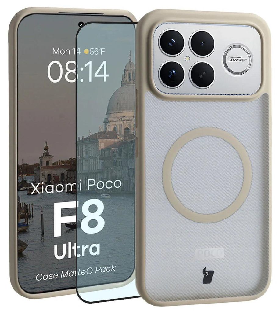 Schutzhülle mit Magnetring + gehärtetem Glas Bizon MatteO Pack für Xiaomi POCO F8 Ultra, Getönt-Beige
