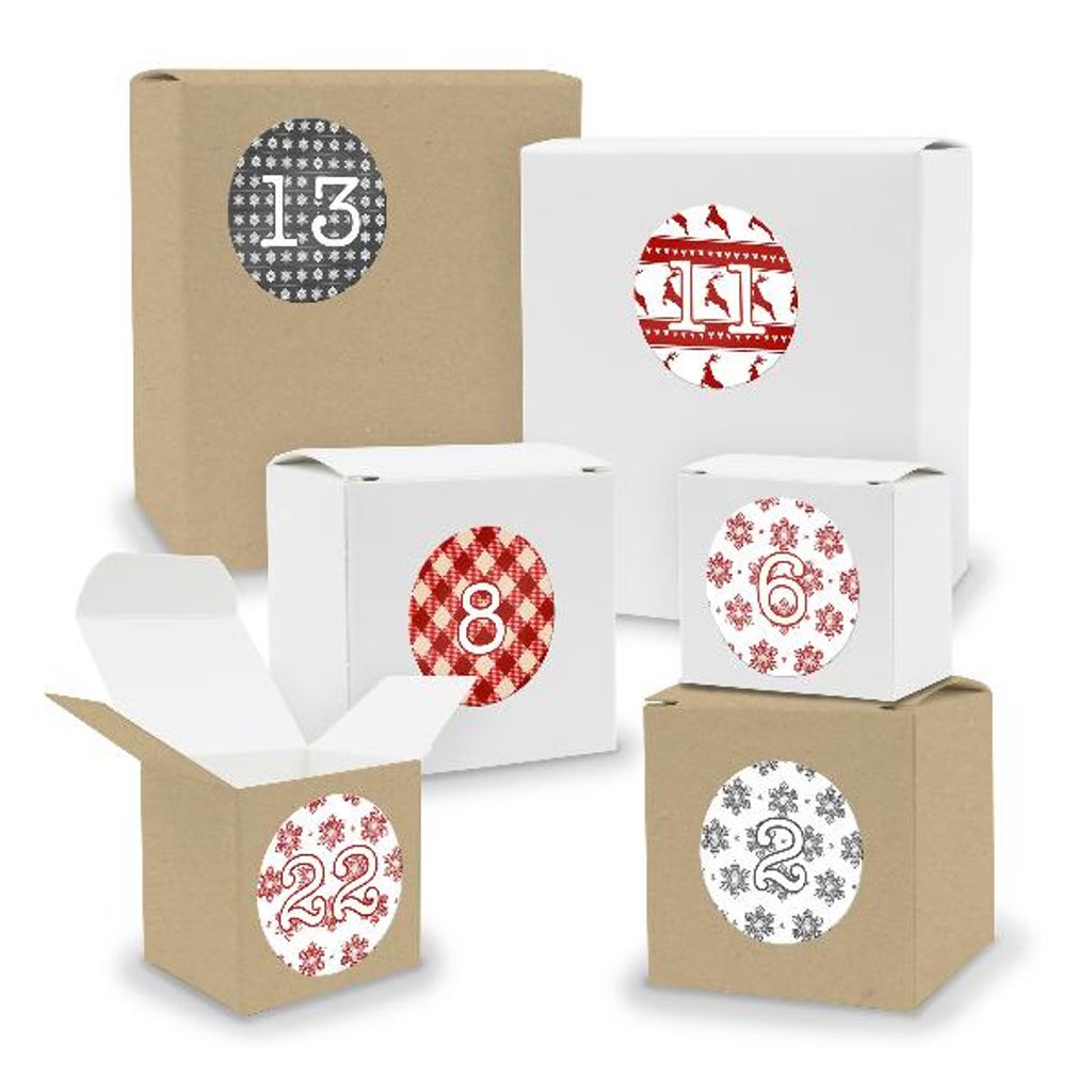 Adventskalender zum Füllen 24x Quader Würfel gemischt WEISS / BRAUN + Sticker (V03 Z07)