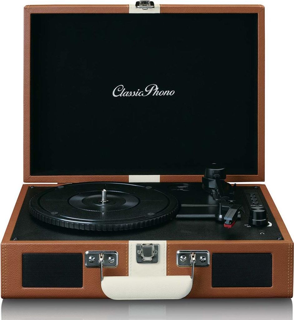 Classic Phono TT-120BNWH - Plattenspieler mit Bluetooth -Empfang, integrierten Lautsprechern und wiederaufladbarem Akku - Braun/Weiß