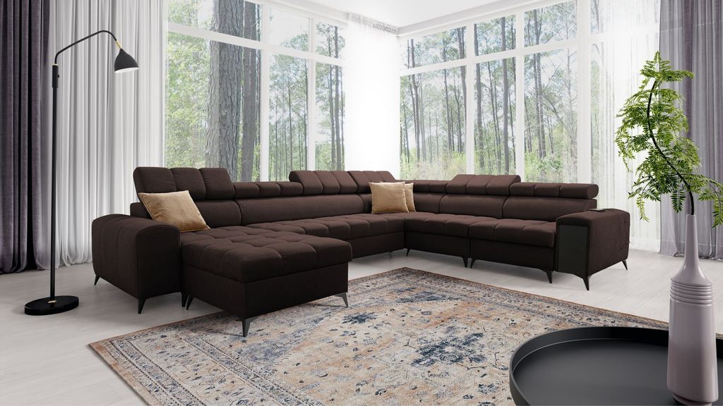 XXL Sofa Wohnlandschaft Riesensofa in U-Form Ecksofa GREKO VIII Braun Stoff AVRA 6 Ottomane Links IM SOFA