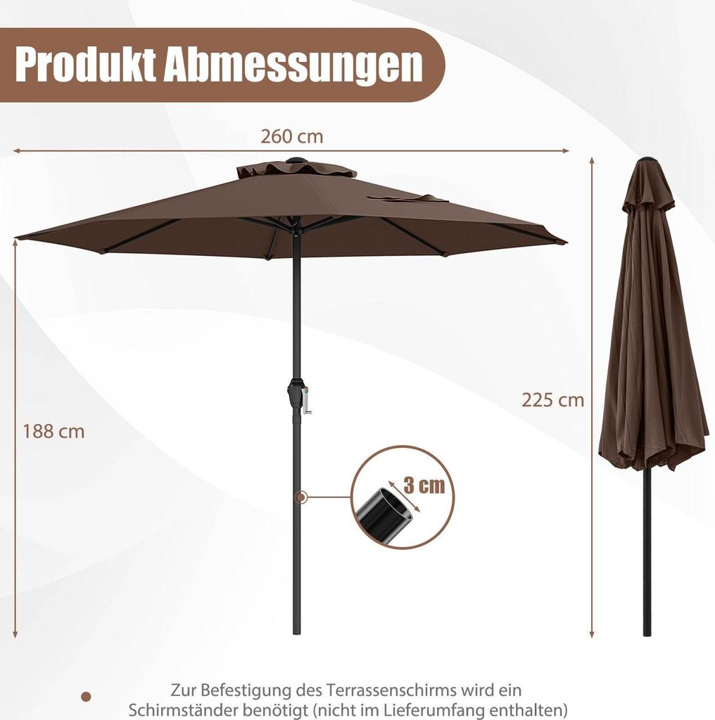 Terrassenschirm 250 cm mit Kurbel, 8 Streben, braun