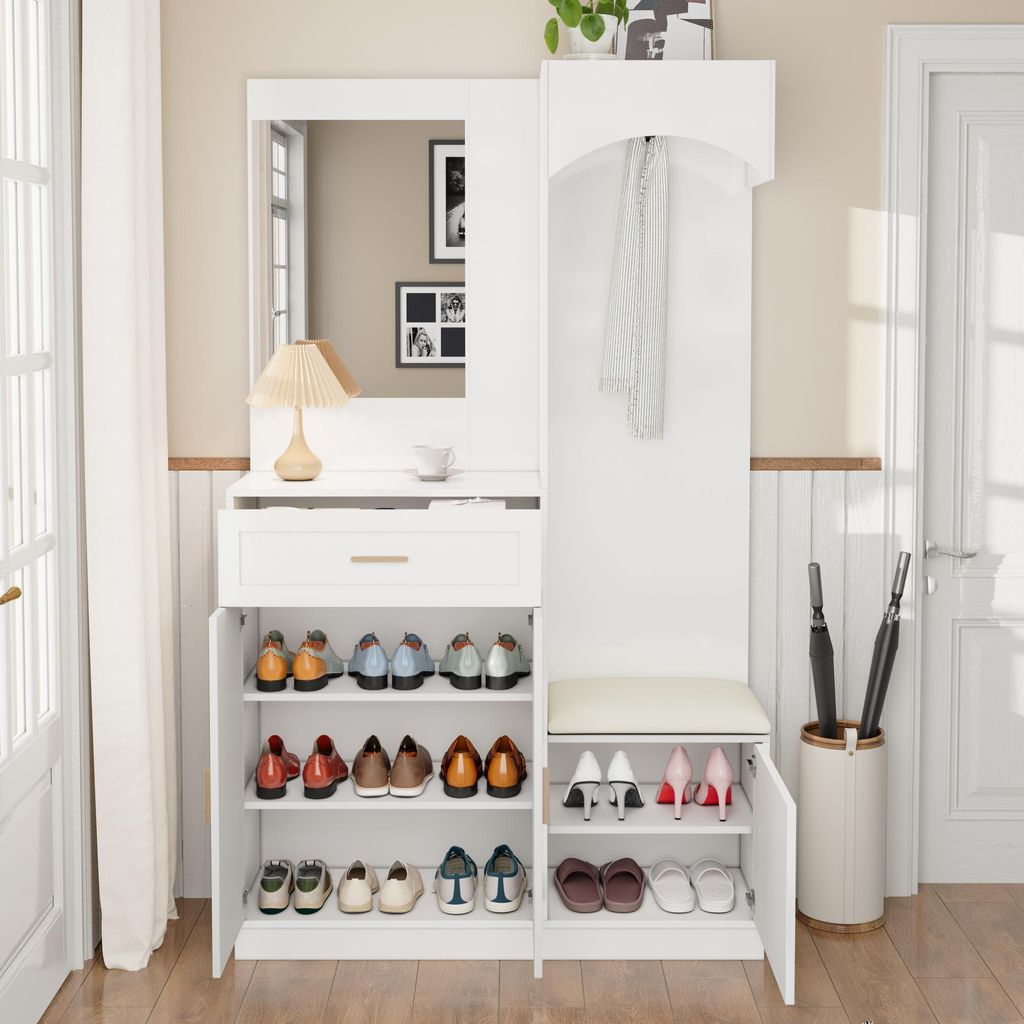 AIORBER Moderne Kompaktgarderobe mit Spiegel & Schuhbank, Produktbild 