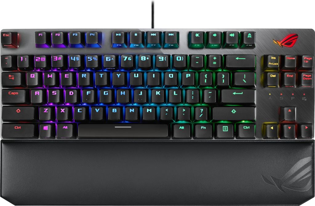 A close-up, front-facing view of a black and gray mechanical keyboard with RGB backlighting and a detachable wrist rest.