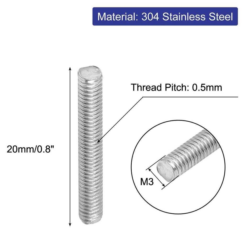 20 Stš¹ck Gewindestangen M3x20mm Edelstahl 304 Gewindestift Metrischem Vollgewinde Bar Gewindest?be fš¹r Befestigung CNC-Werkzeugmaschinen 3D-D...