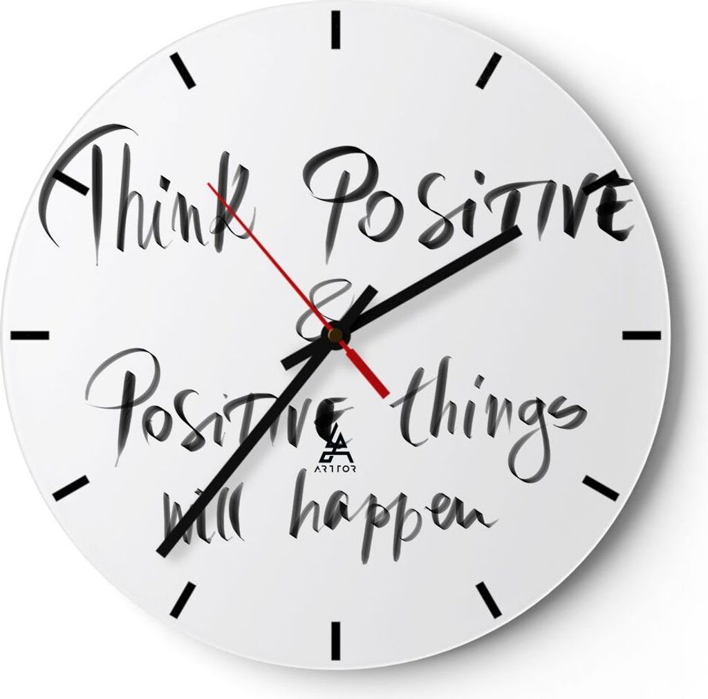Wanduhr - Rund - Glasuhr - Motto Gedanke positiv - 30x30cm - Schleichendes Uhrwerk - Lautlos - zum Aufhängen bereit - Dekoration Modern - Wanddeko...