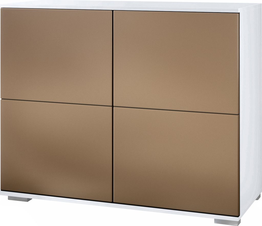 Vladon Kommode Rova V3, Moderner Küchenschrank mit 4 Push-to-Open Türen Weiß matt / Bronze Optik (92,5 x 75.5 x 35)