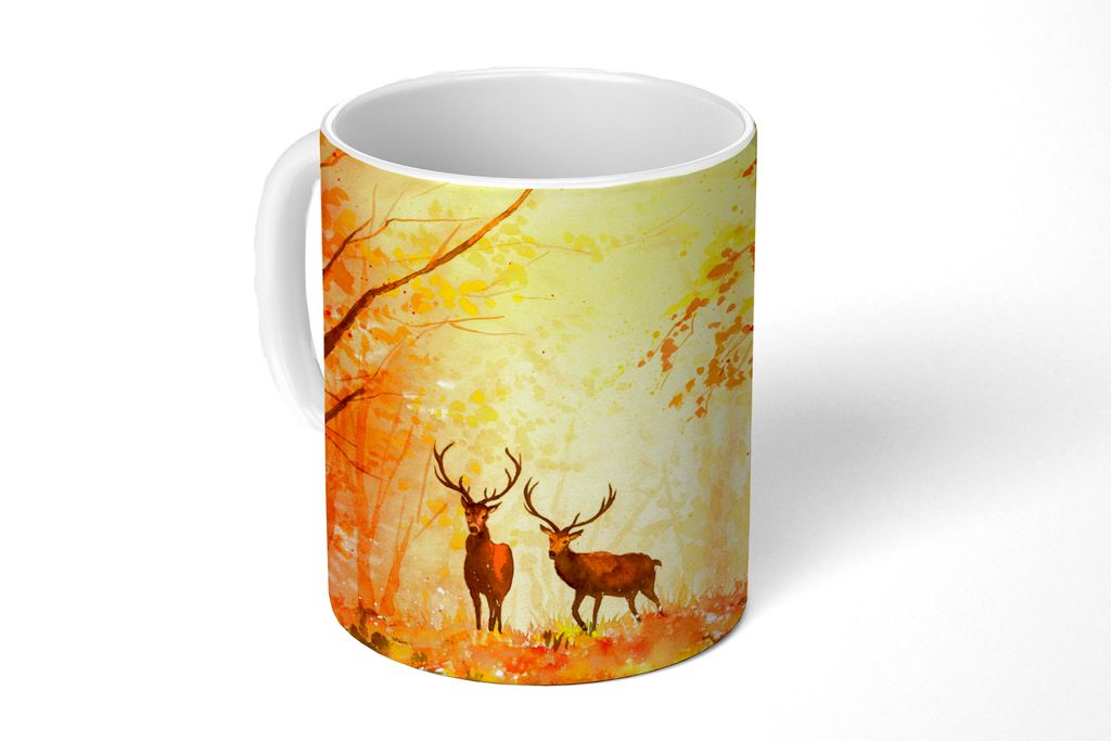 KitchenYeah Tasse Kaffeetasse Kaffeebecher 350 ml Natur - Ölfarbe - Hirsche - Tiere - Herbst - Orange Teetasse - Fototasse - Becher - Keramikbec...