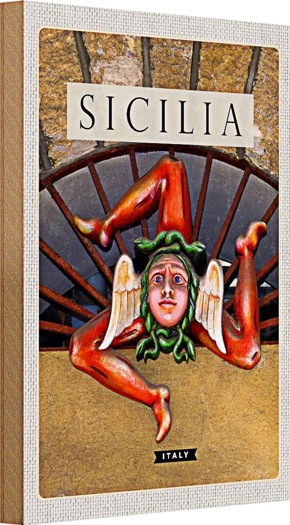 Holzschild Reise 20x30cm Sizilien Italien Skulptur Trinacria