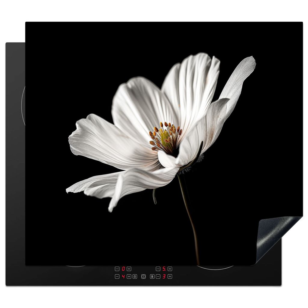 KitchenYeah Herdabdeckplatte Schwarz - Weiß - Blumen , 59x52cm, Küche Deko, Glaskeramikkochfeld Herdabdeckung, Abdeckplatte fùr Kochfeld
