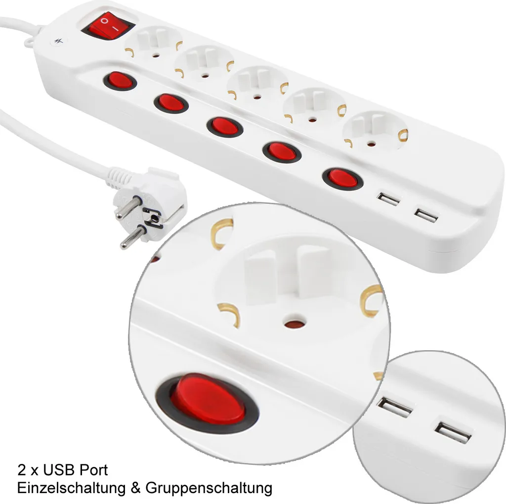 Multiprise McPower 5 prises avec interrupteurs individuels et 2 ports USB