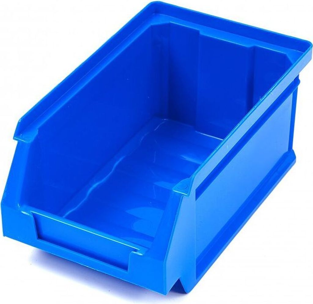 A blue plastic storage bin is shown against a white background.