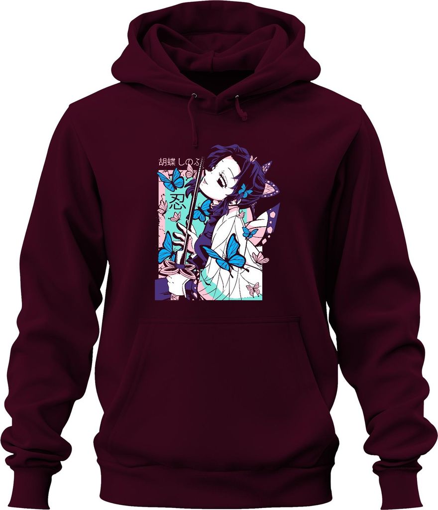 Demon Slayer 胡蝶しのぶ Shinobu Kocho Schmetterling Katana Anime Uni Hoodie Kapuzenpullover, Burgundy, XXL