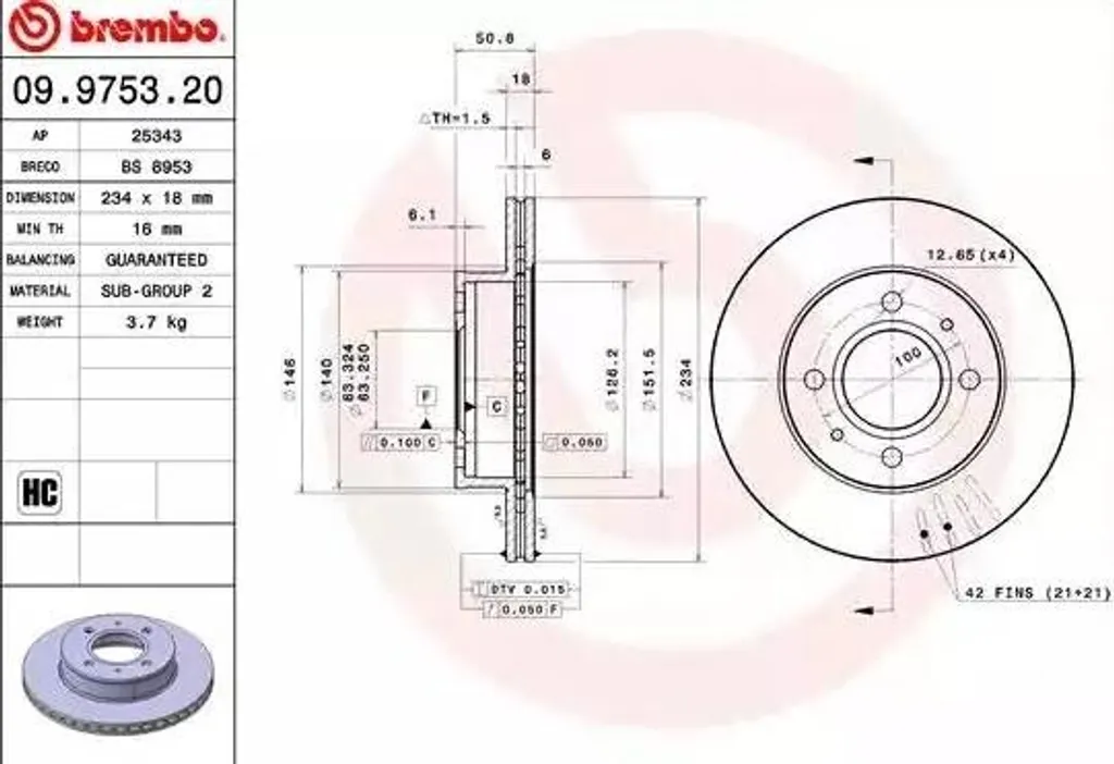 Disque de frein BREMBO 09.9753.21 avant d'origine OE 5171202550