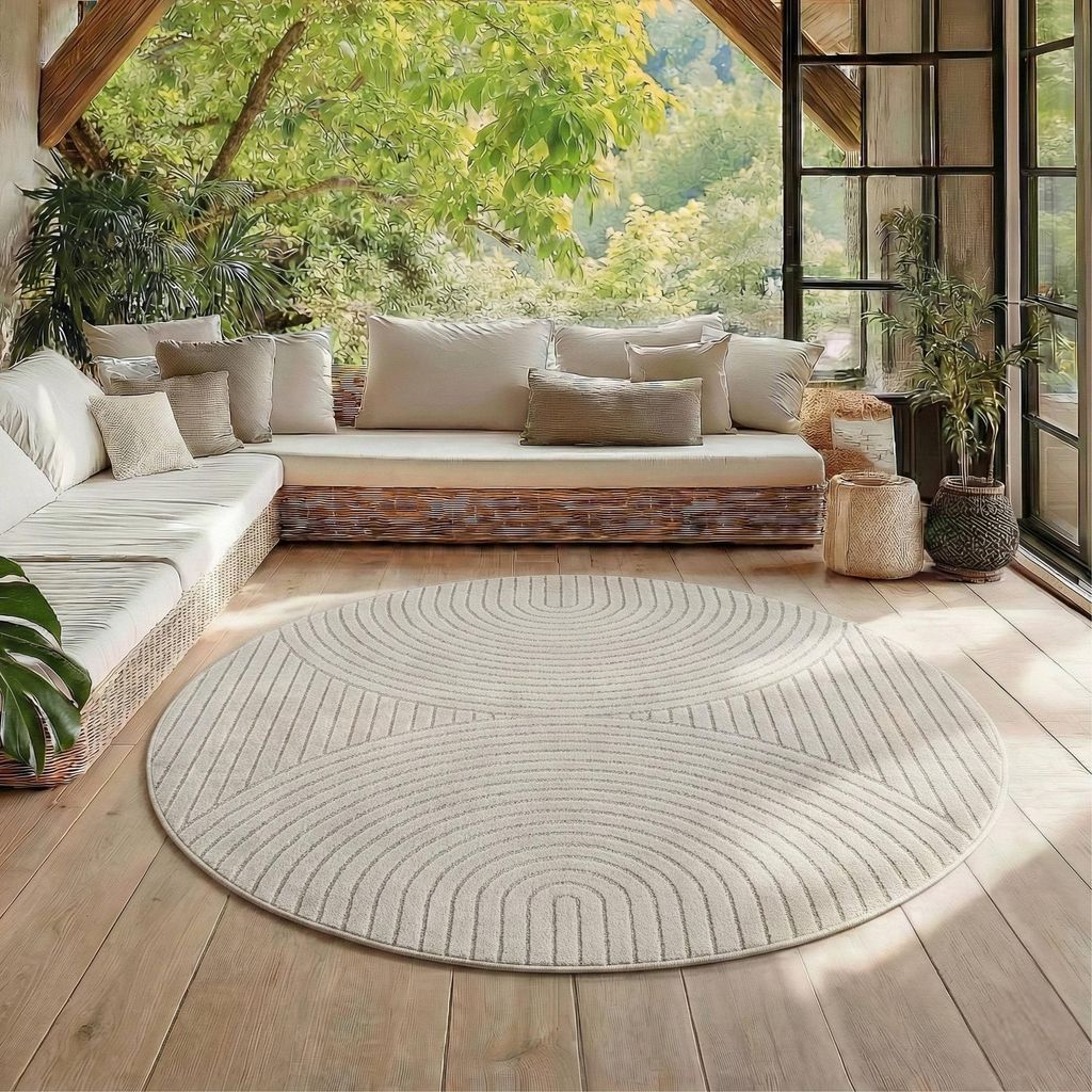 Homebyhome Outdoor Teppich, Modern Boho Design, 3D Effekt, Robust und UV-Beständig, ideal für Terrasse Wohnzimmer & Küche, Grösse: 160 cm Rund