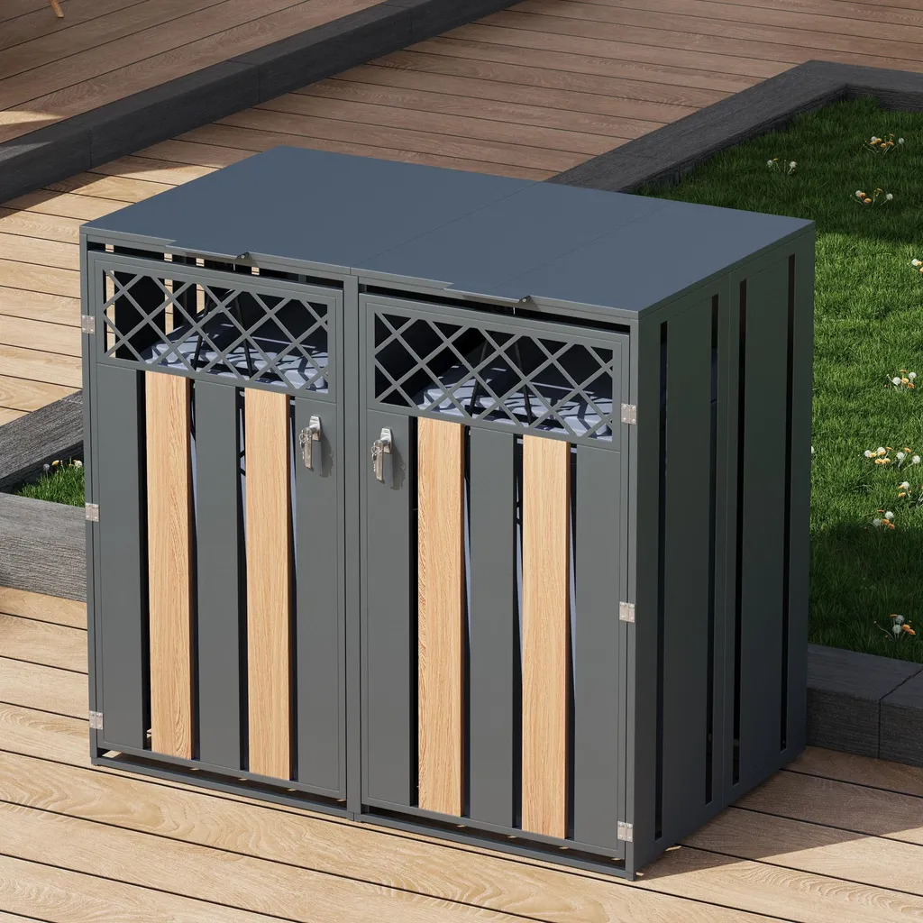 Rangement poubelle extérieur Merax pour 2 bacs en métal aspect bois gris