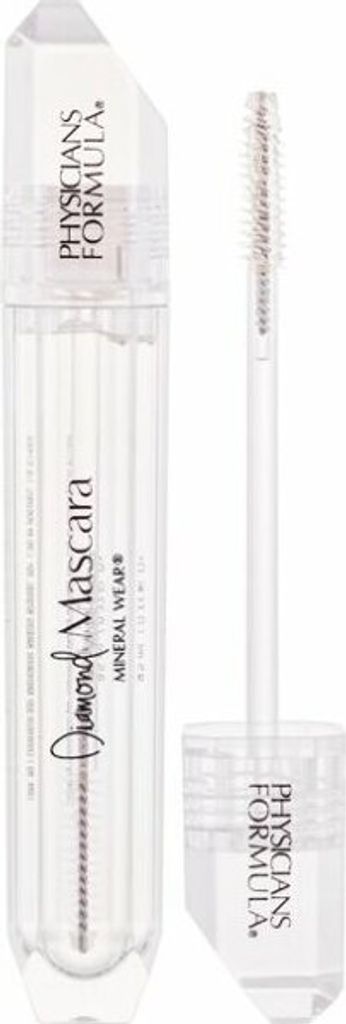 A clear tube of Physicians Formula Mineral Wear mascara with the wand pulled out.