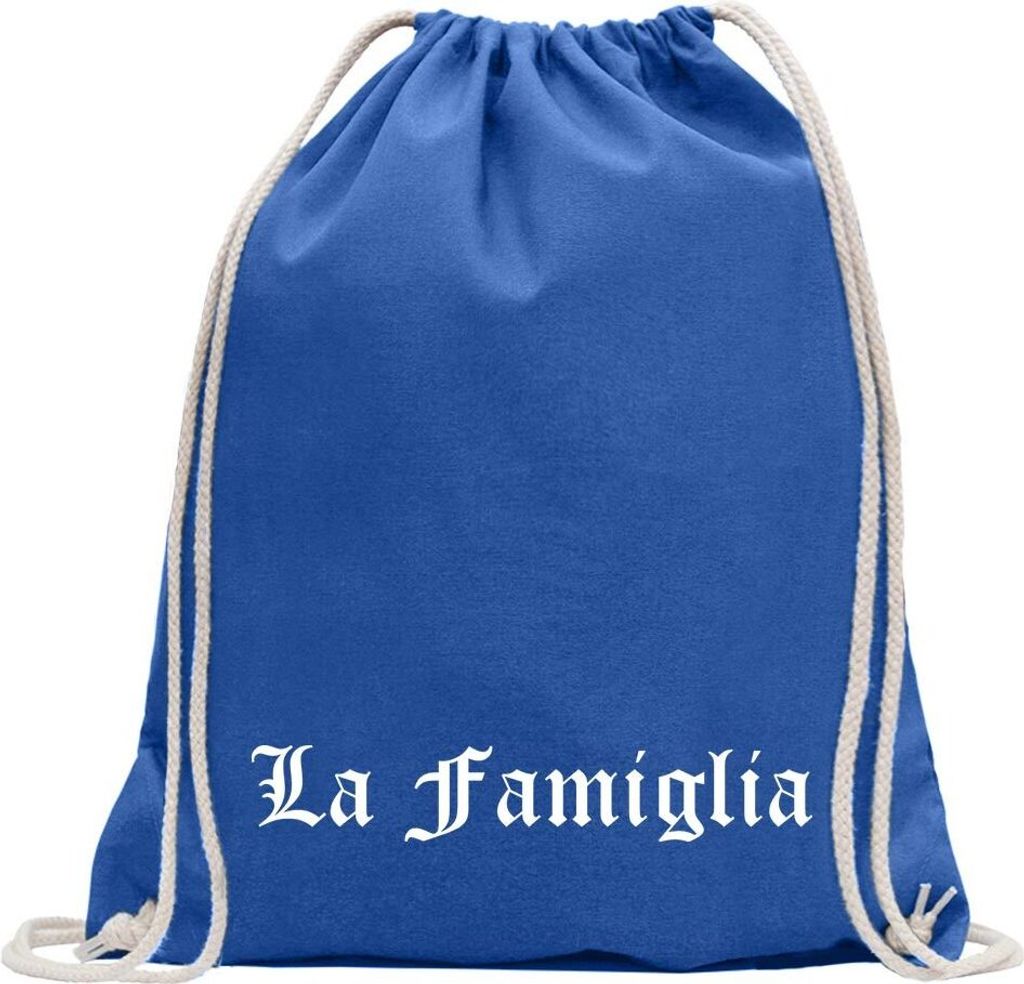 Kiwistar - Turnbeutel - royal - La Famiglia - Fun Rucksack Sport Beutel Gymsack Baumwolle mit Ziehgurt