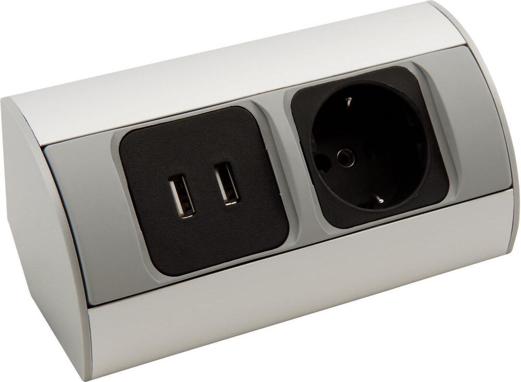 Steckdosenblock Aufbau, silber, 2fach, 2 USB 2A, 3680W Produktbild 