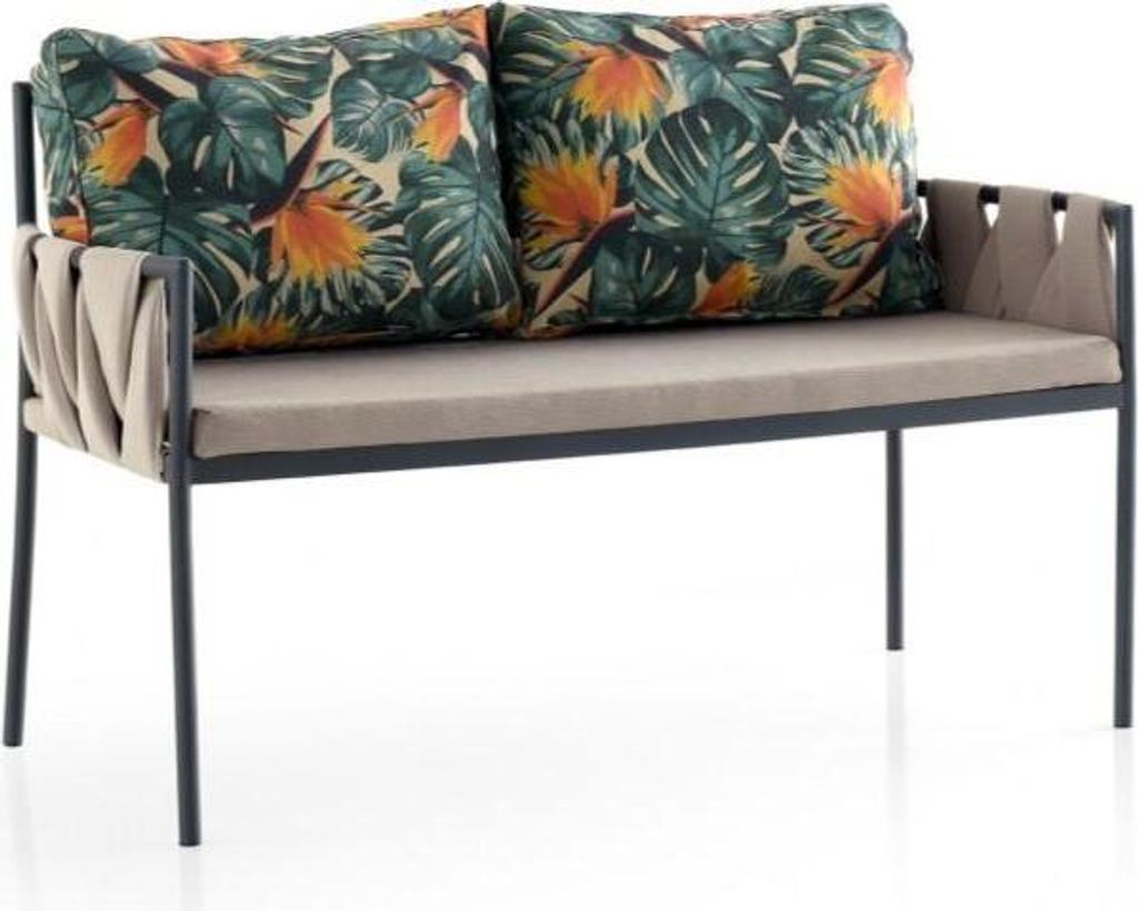 Gartensofa 2er Sofa 2 Sitzer Loungesofa Blättermuster Kissen Gartenmöbel