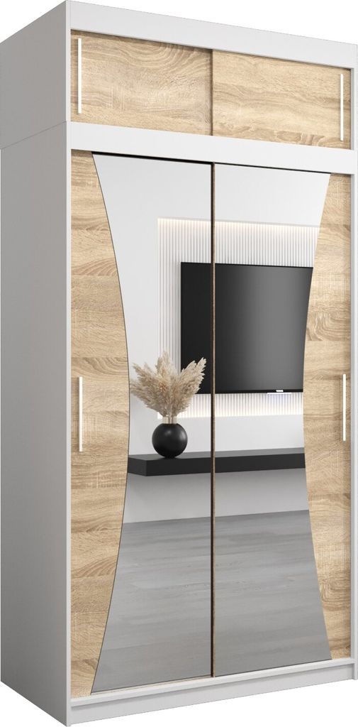 Kleiderschrank, Schiebetürenschrank Schlafzimmer, Schrank mit Spiegel MONACO 120 mit Aufsatz, Höhe 240 cm